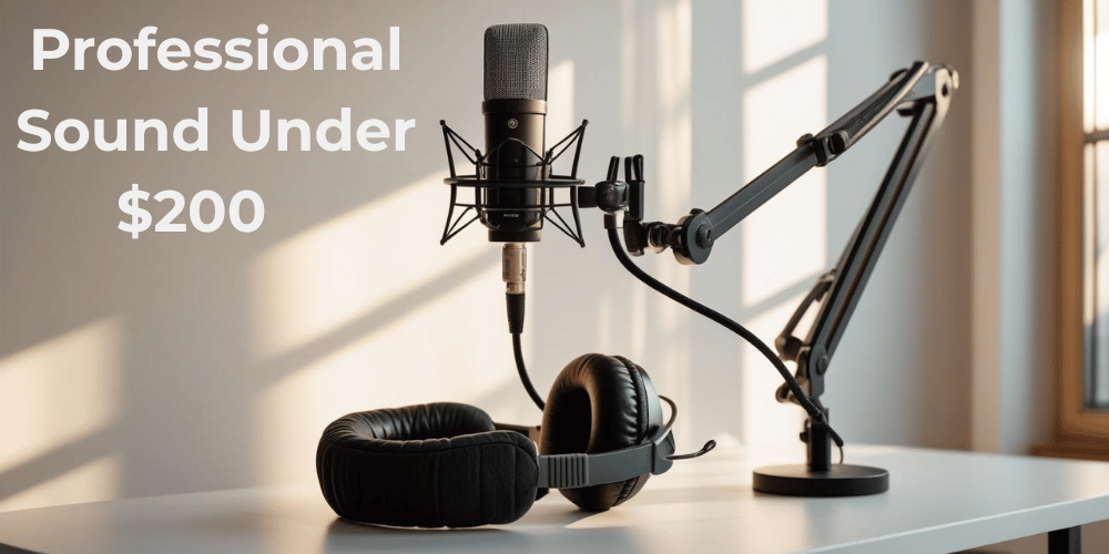 Professional podcast recording setup with microphone on boom arm, headphones, and laptop on clean modern desk under $200 budget