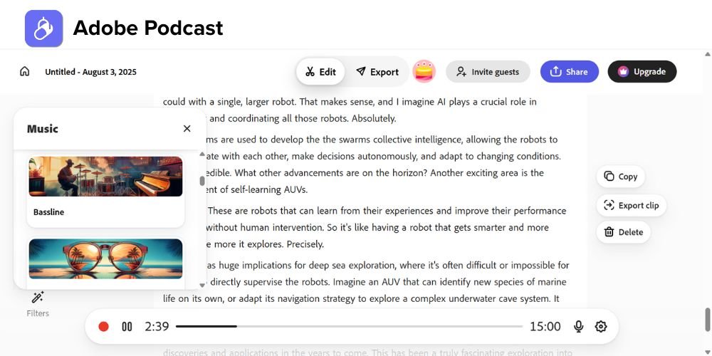 Adobe Podcast interface displaying transcript processing and audio timeline in browser