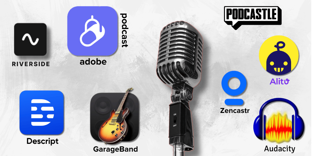 Adobe Podcast and 7 other alternative podcasting software logos around a microphone
