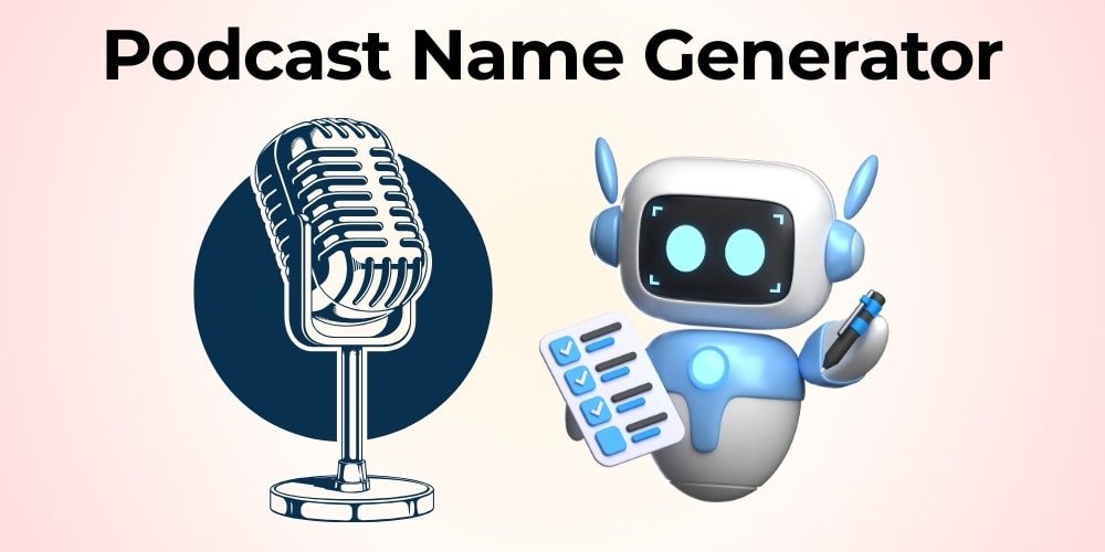 Professional microphone next to friendly AI robot holding checklist on cream background, representing AI-powered podcast name generation tool