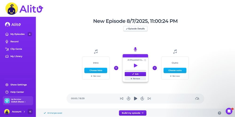 Alitu podcast episode creation interface showing intro, content track, and outro sections