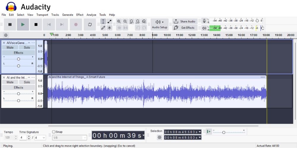Audacity audio editing workspace with dual tracks and detailed waveform visualization