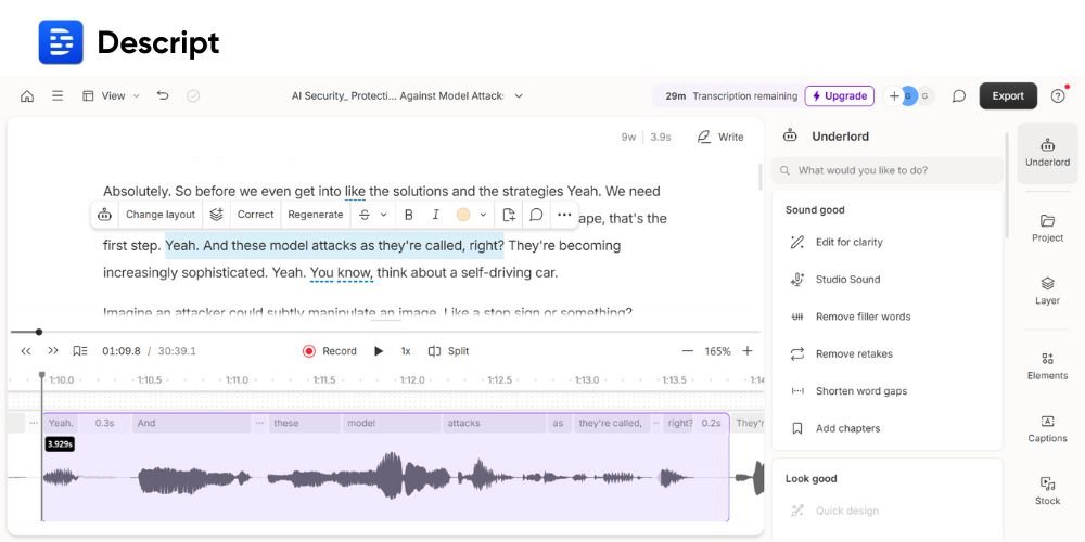 Descript interface showing text-based audio editing with timeline and transcript panels
