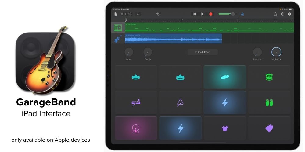 GarageBand iPad interface with Apple logo showing touch-based music editing workspace