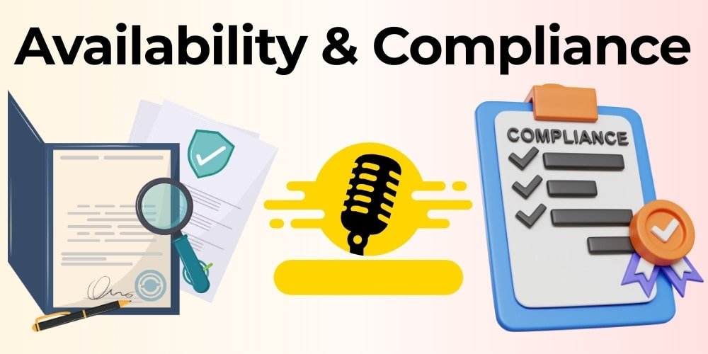 Legal documents with magnifying glass, certificate with checkmark, podcast microphone, and compliance checklist showing podcast name availability and legal verification process