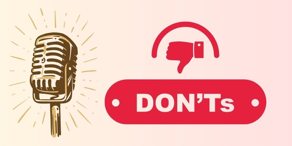 Vintage microphone with burst rays and red "DON'Ts" warning tag on cream background, illustrating podcast naming mistakes to avoid