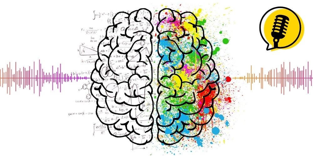 Split brain illustration with analytical formulas on one side and colorful paint splashes on the other, audio waveforms, and a podcast microphone icon, representing podcast naming psychology