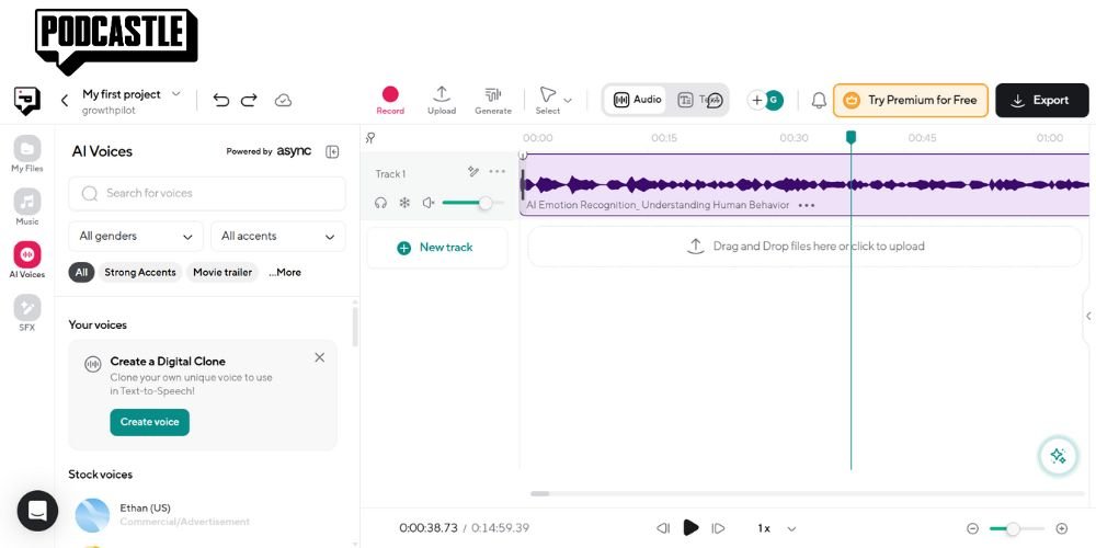 Podcastle software interface with audio waveform and AI voice selection panel