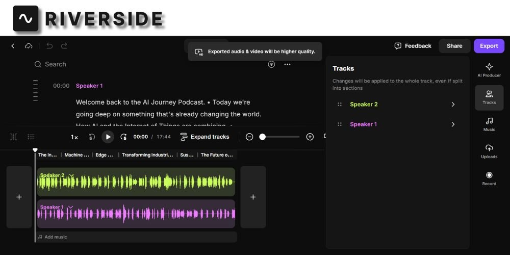 Riverside interface showing multi-track podcast editing with speaker waveforms and timeline controls