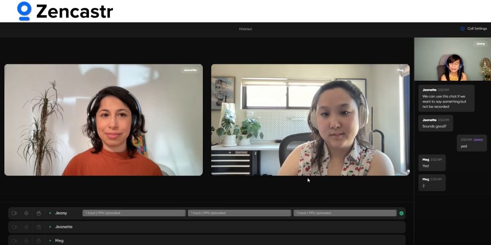 Zencastr podcast recording interface showing two participants in video call with chat panel on right side