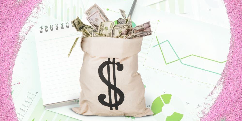 Money bag with dollar sign and financial planning charts