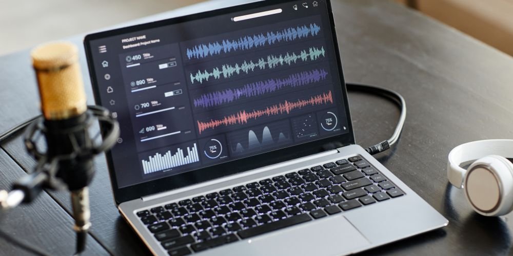 Laptop screen showing free podcast recording software interface with multiple audio waveform tracks representing Audacity or GarageBand