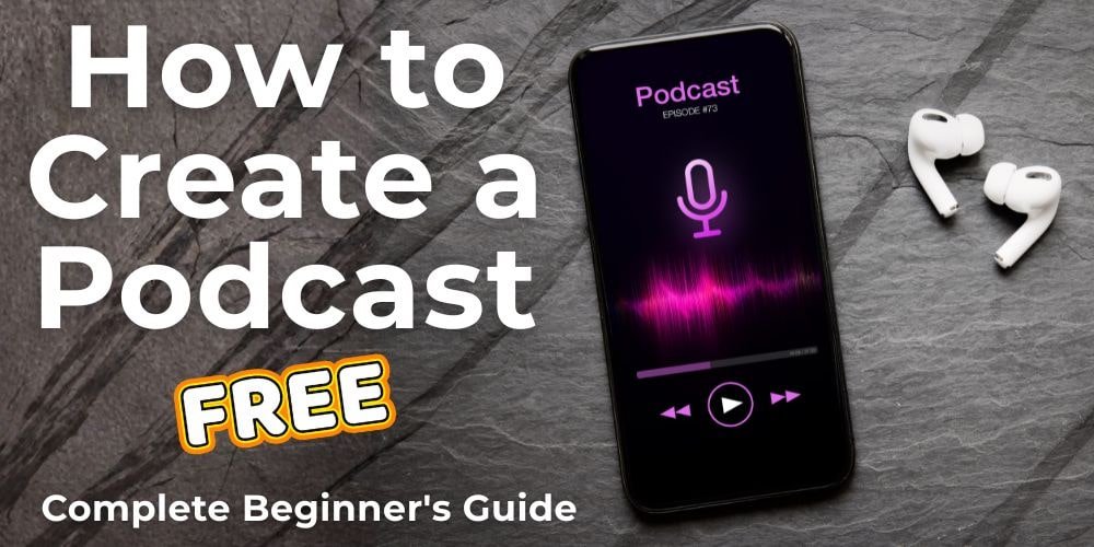 Smartphone displaying podcast recording app with purple waveform next to wireless earbuds - free podcast creation guide