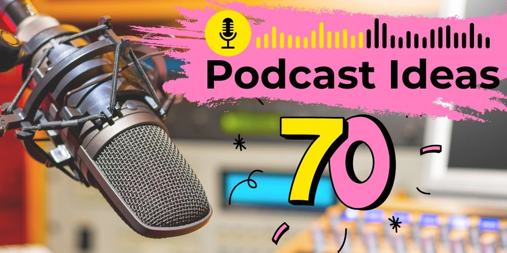 70+ Podcast Ideas for 2026 with microphone and soundwave graphics